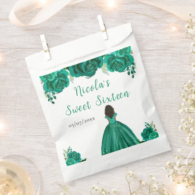 Dark Skin Princess Green Floral Sweet Sixteen Favour Bags (Clipped)