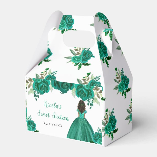 Dark Skin Princess Green Floral Sweet Sixteen Favour Box (Front Side)
