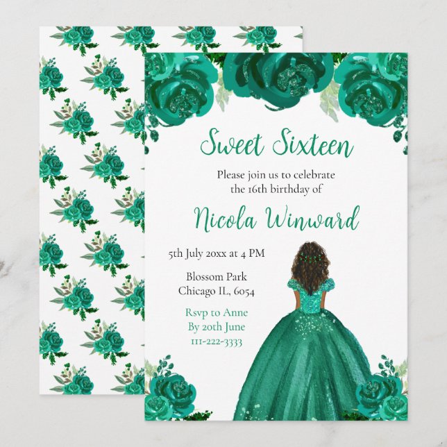 Dark Skin Princess Green Floral Sweet Sixteen Invitation (Front/Back)
