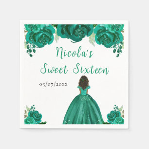 Dark Skin Princess Green Floral Sweet Sixteen Napkin