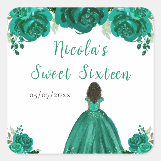 Dark Skin Princess Green Floral Sweet Sixteen Square Sticker (Front)