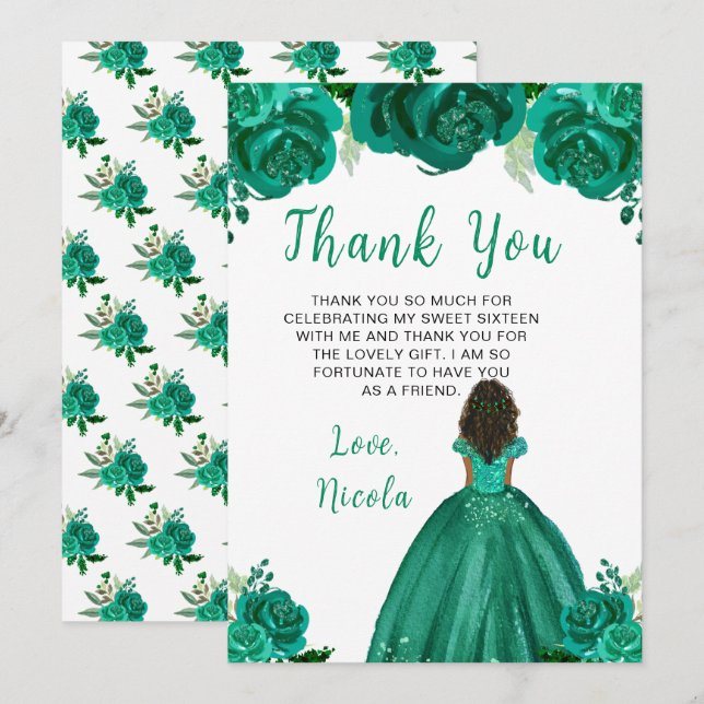 Dark Skin Princess Green Floral Sweet Sixteen Thank You Card (Front/Back)