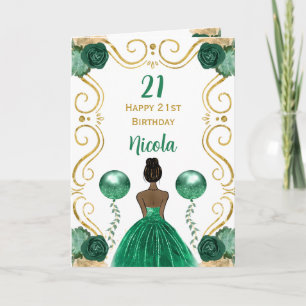 Dark Skin Princess Green Happy Birthday Card