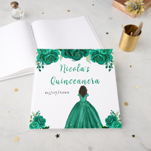Dark Skin Princess Green Quinceanera Guest Book