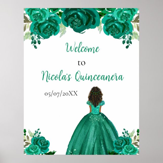 Dark Skin Princess Green Quinceanera Welcome Poster (Front)
