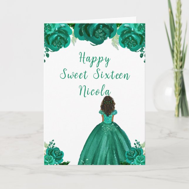 Dark Skin Princess Green Sweet Sixteen Card (Front)