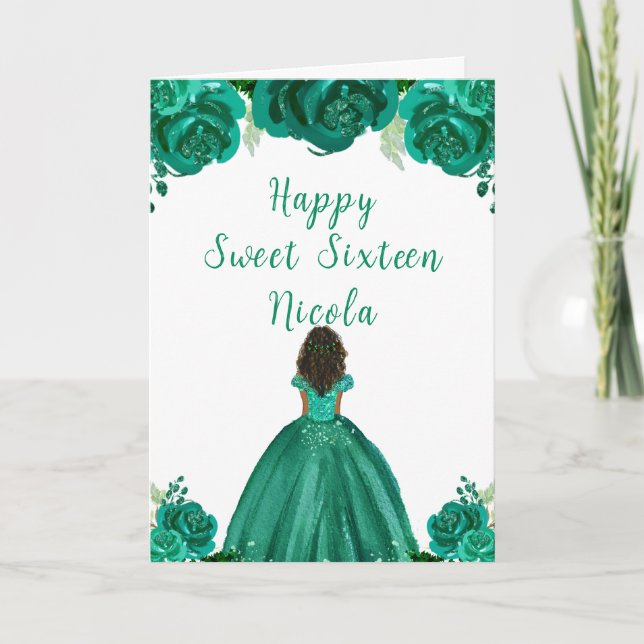 Dark Skin Princess Green Sweet Sixteen Card (Front)