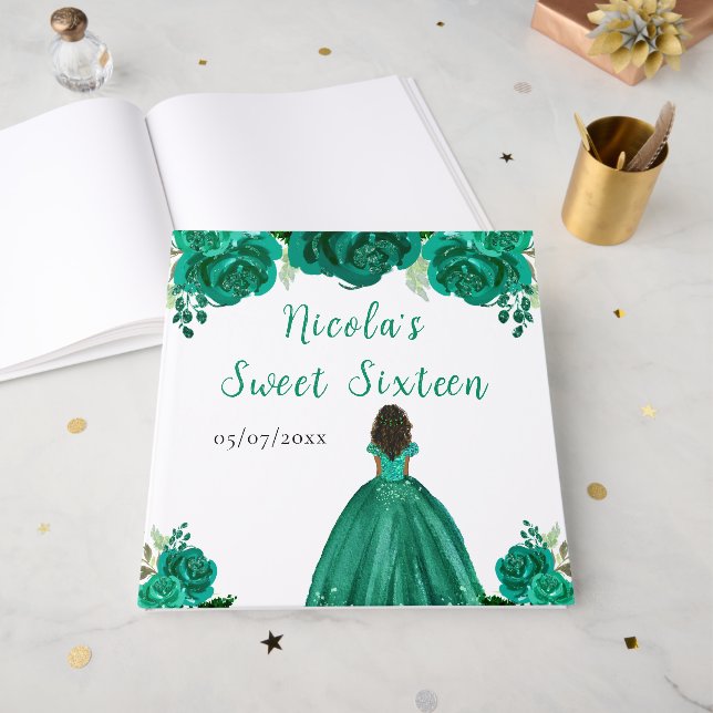 Dark Skin Princess Green Sweet Sixteen Guest Book (Front Open)