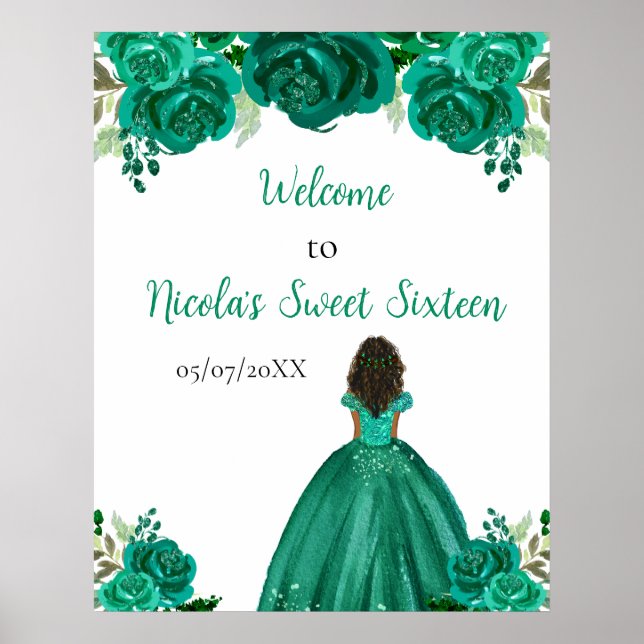 Dark Skin Princess Green Sweet Sixteen Welcome Poster (Front)
