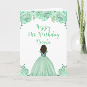 Dark Skin Princess Mint Floral Birthday Party Card
