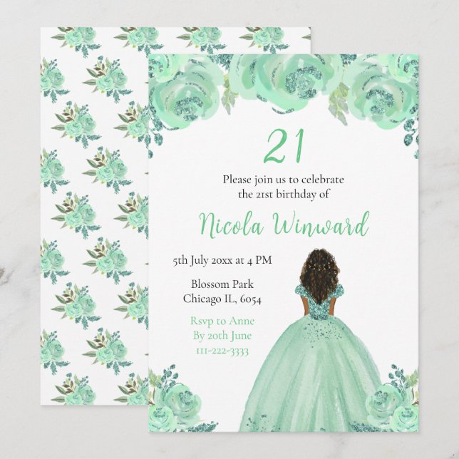 Dark Skin Princess Mint Floral Birthday Party Invitation (Front/Back)