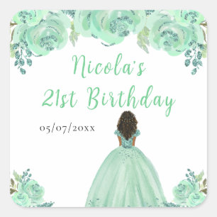 Dark Skin Princess Mint Floral Birthday Party Square Sticker