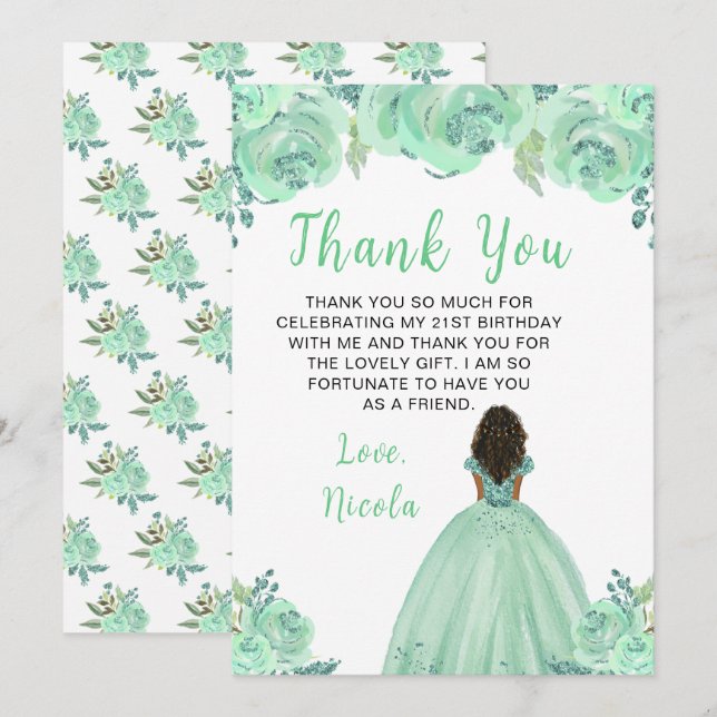 Dark Skin Princess Mint Floral Birthday Party Thank You Card (Front/Back)