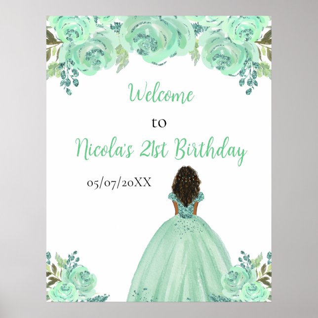 Dark Skin Princess Mint Floral Birthday Welcome Poster (Front)