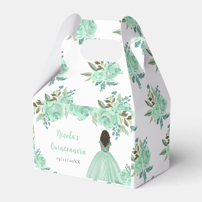 Dark Skin Princess Mint Floral Quinceanera Favour Box (Front Side)