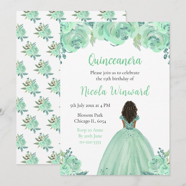 Dark Skin Princess Mint Floral Quinceanera Invitation (Front/Back)