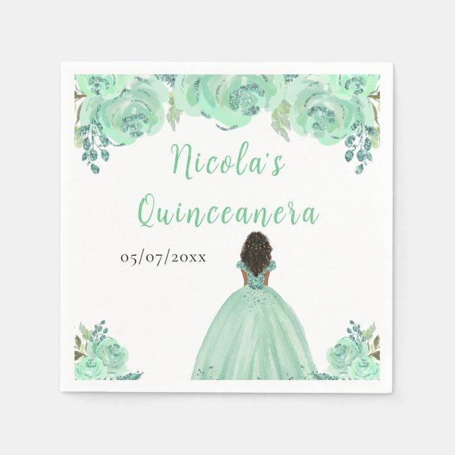 Dark Skin Princess Mint Floral Quinceanera Napkin (Front)