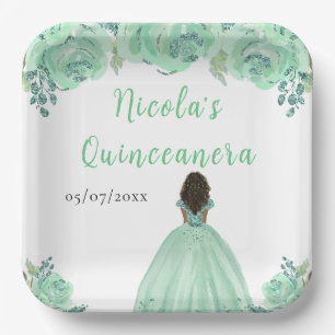 Dark Skin Princess Mint Floral Quinceanera Paper Plate