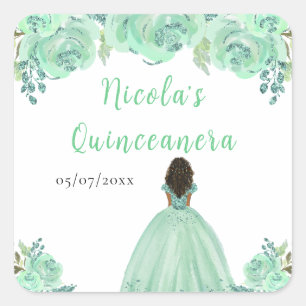 Dark Skin Princess Mint Floral Quinceanera Square Sticker