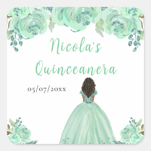 Dark Skin Princess Mint Floral Quinceanera Square Sticker (Front)