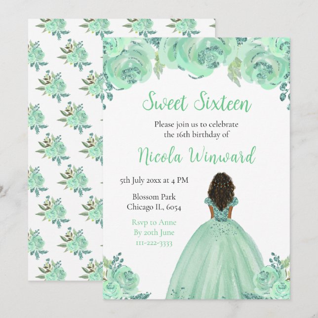 Dark Skin Princess Mint Floral Sweet Sixteen Invitation (Front/Back)
