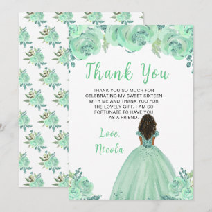 Dark Skin Princess Mint Floral Sweet Sixteen Thank You Card
