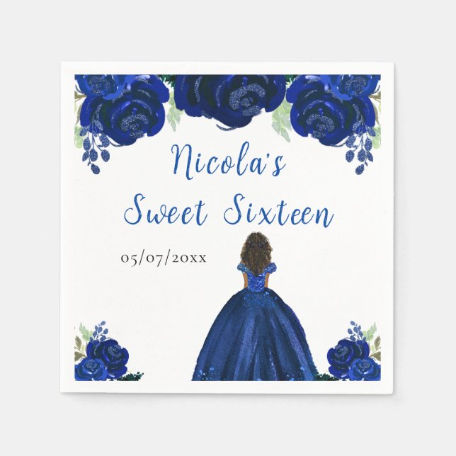 Dark Skin Princess Navy Blue Floral Sweet Sixteen Napkin (Front)
