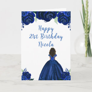 Dark Skin Princess Navy Floral Birthday Party Card