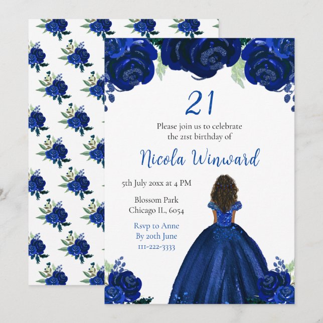 Dark Skin Princess Navy Floral Birthday Party Invitation (Front/Back)