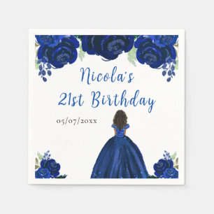 Dark Skin Princess Navy Floral Birthday Party Napkin