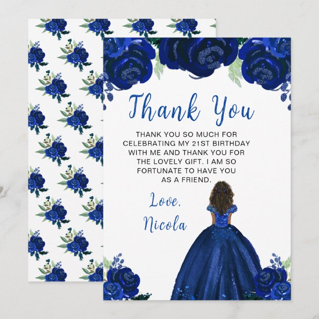 Dark Skin Princess Navy Floral Birthday Party Thank You Card (Front/Back)