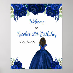 Dark Skin Princess Navy Floral Birthday Welcome Poster