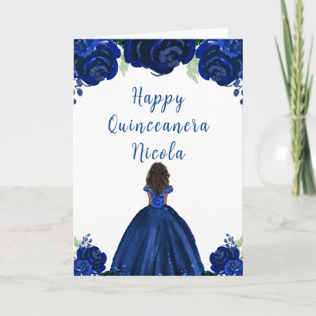 Dark Skin Princess Navy Floral Quinceanera Card (Front)