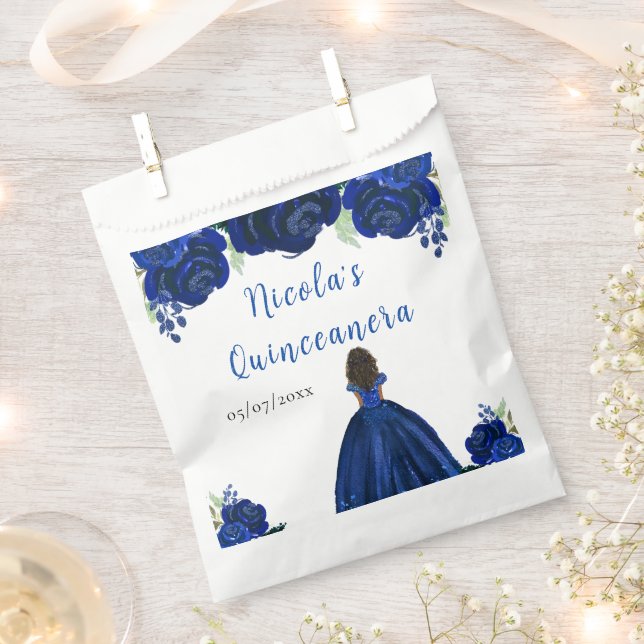 Dark Skin Princess Navy Floral Quinceanera Favour Bags (Clipped)