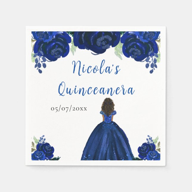Dark Skin Princess Navy Floral Quinceanera Napkin (Front)