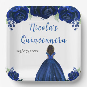 Dark Skin Princess Navy Floral Quinceanera Paper Plate