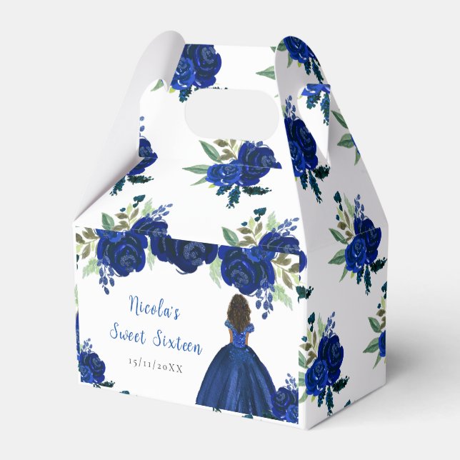 Dark Skin Princess Navy Floral Sweet Sixteen Favour Box (Front Side)