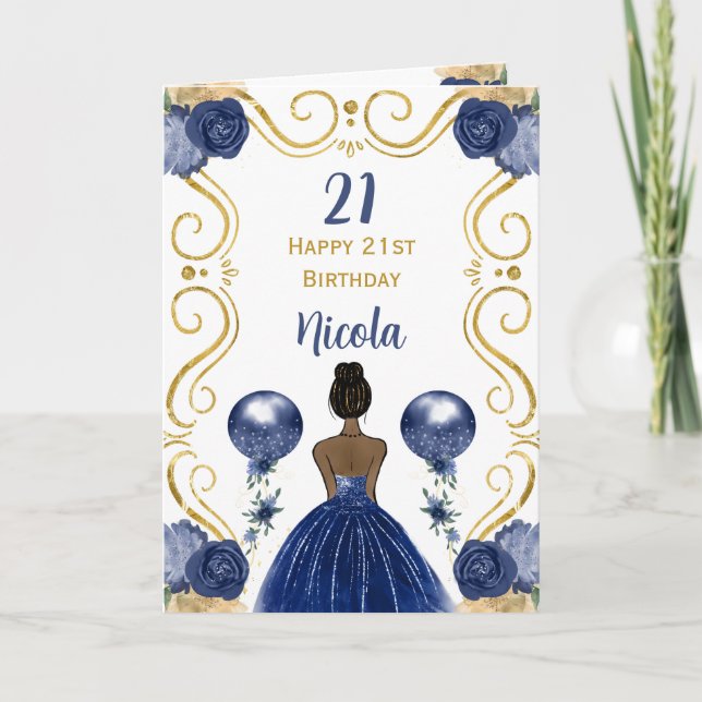 Dark Skin Princess Navy Happy Birthday Card (Front)