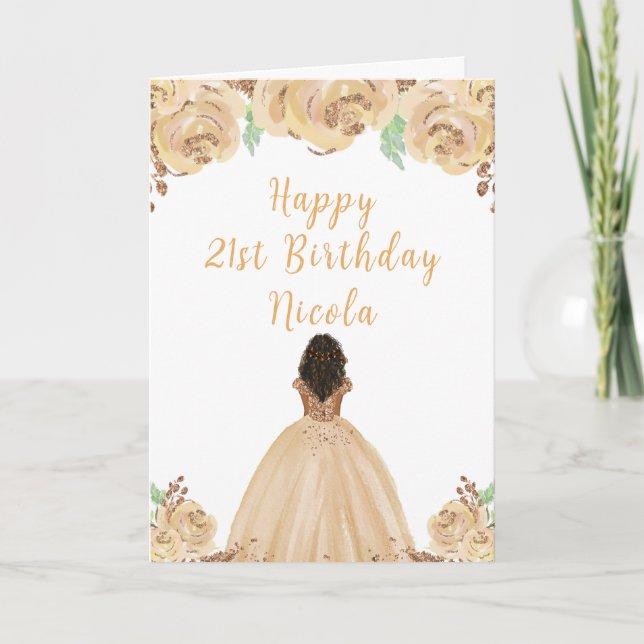Dark Skin Princess Peach Floral Birthday Party Card (Front)