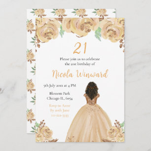 Dark Skin Princess Peach Floral Birthday Party Invitation