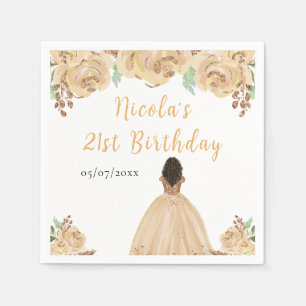 Dark Skin Princess Peach Floral Birthday Party Napkin