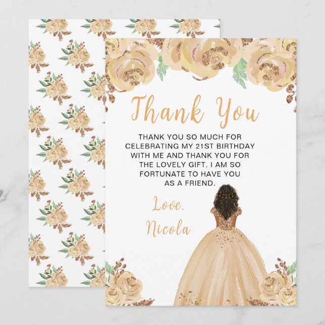 Dark Skin Princess Peach Floral Birthday Party Thank You Card (Front/Back)