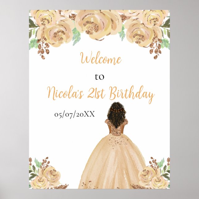 Dark Skin Princess Peach Floral Birthday Welcome Poster (Front)