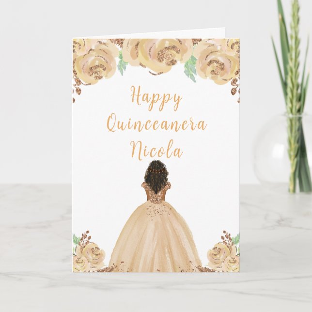 Dark Skin Princess Peach Floral Quinceanera Card (Front)