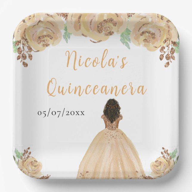 Dark Skin Princess Peach Floral Quinceanera Paper Plate (Front)