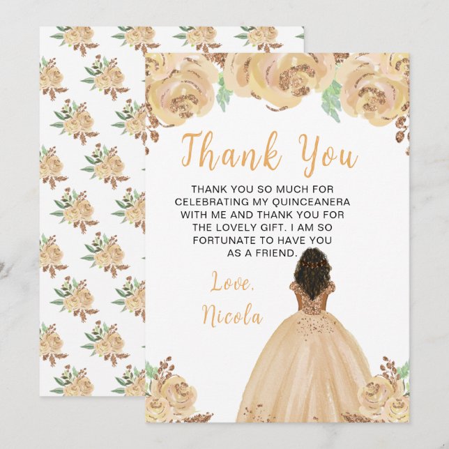 Dark Skin Princess Peach Floral Quinceanera Thank You Card (Front/Back)