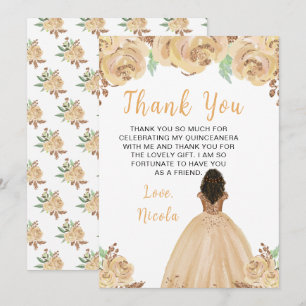 Dark Skin Princess Peach Floral Quinceanera Thank You Card