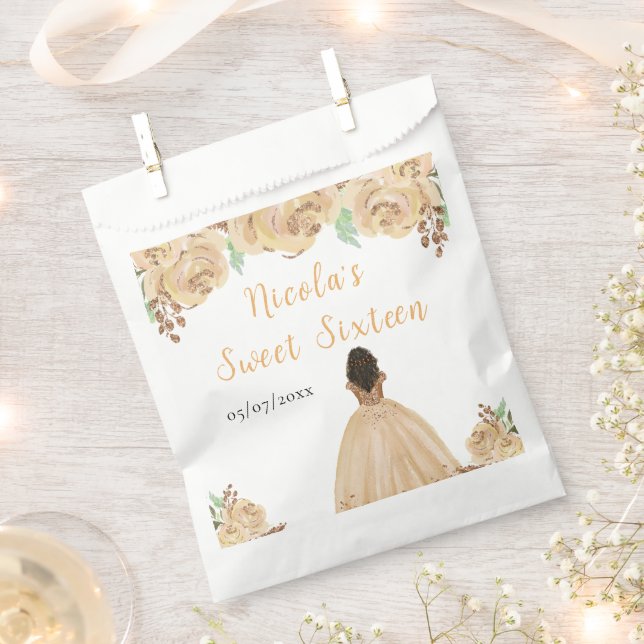 Dark Skin Princess Peach Floral Sweet Sixteen Favour Bags (Clipped)