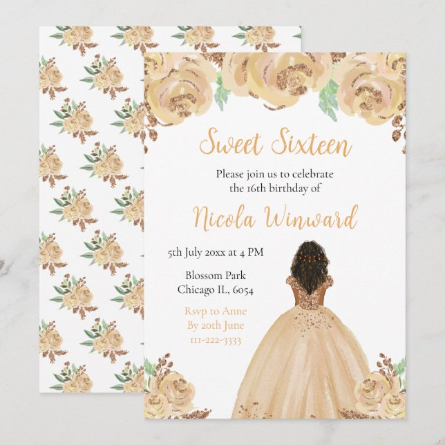 Dark Skin Princess Peach Floral Sweet Sixteen Invitation (Front/Back)