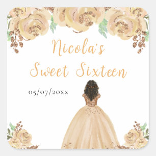 Dark Skin Princess Peach Floral Sweet Sixteen Square Sticker